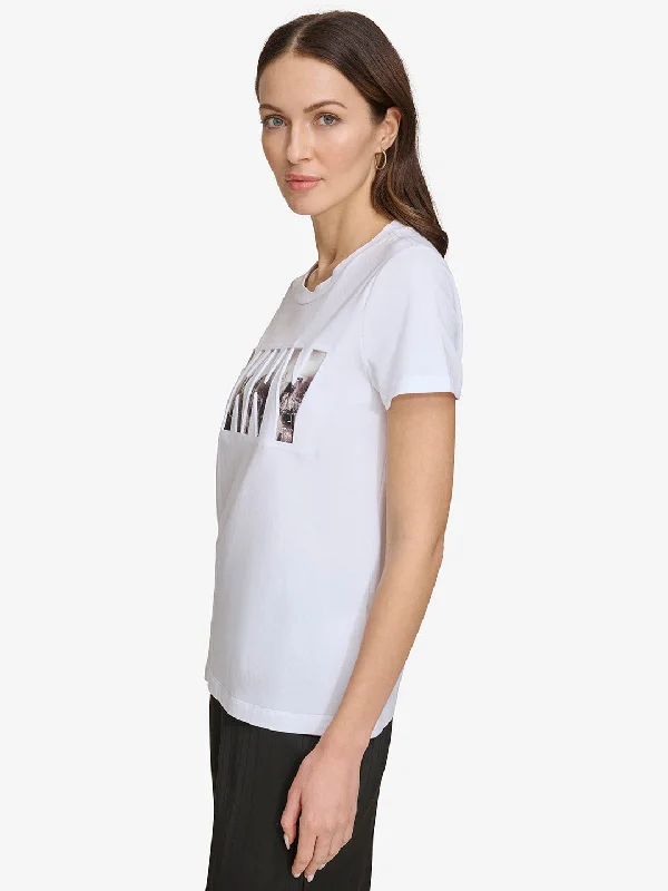 DKNY Women White Printed Round Neck Short Sleeves T-Shirt