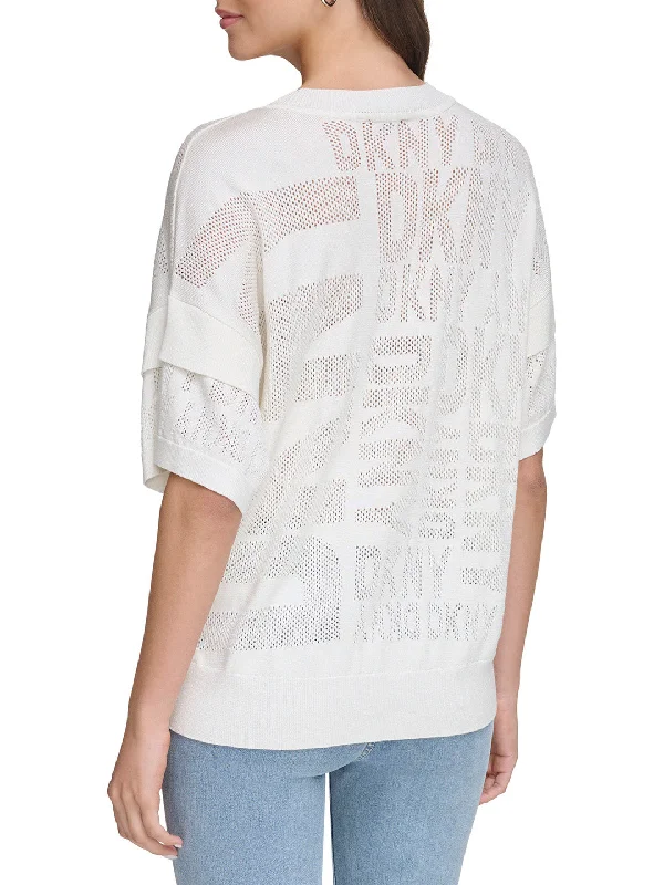 DKNY Women Off White Printed Round Neck Short Sleeves T-Shirt