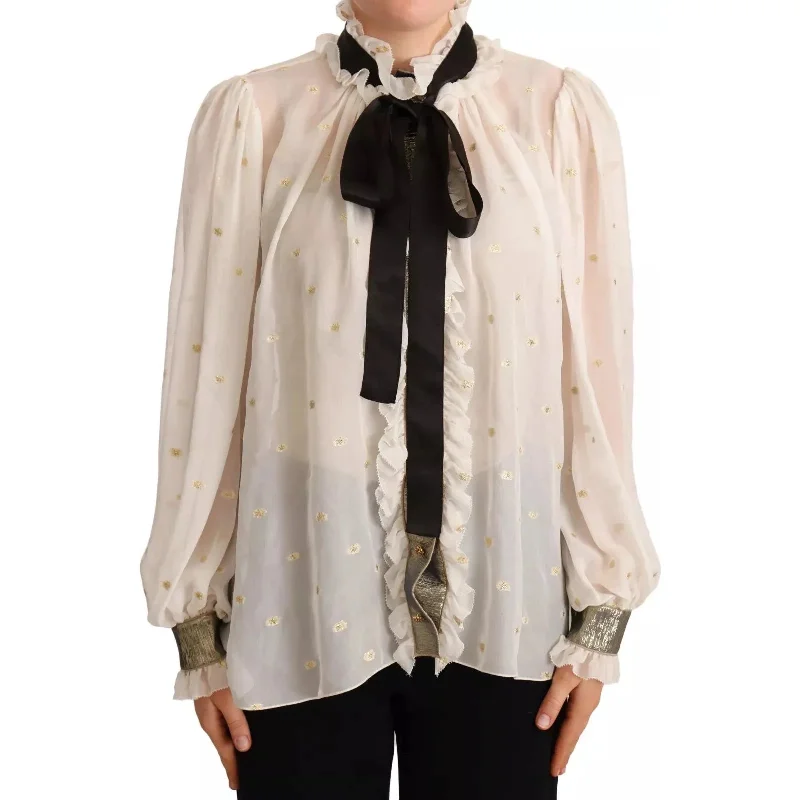 Dolce & Gabbana Off White Silk Blend Ascot Collar Blouse Top