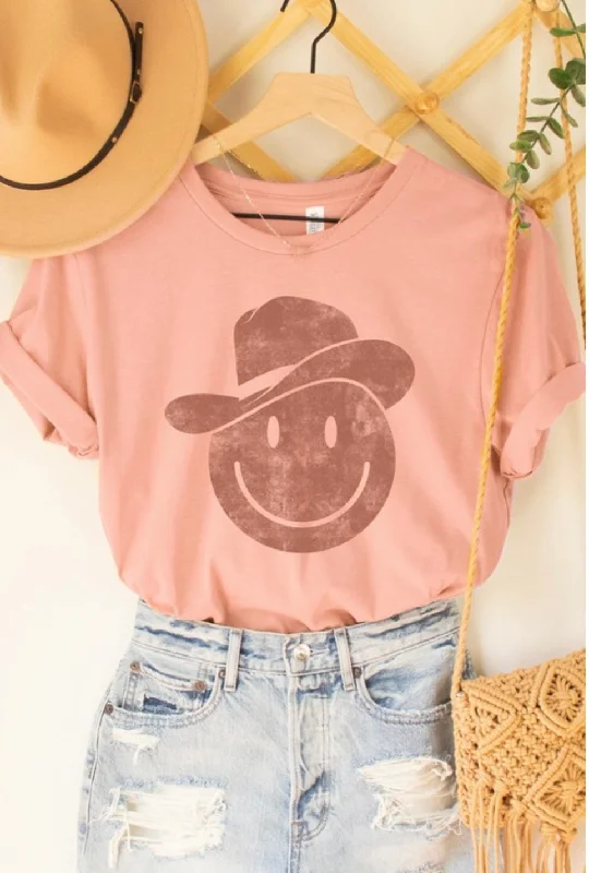 ""Smiley Face"" Cowboy Graphic Tee- (Peach Pink)