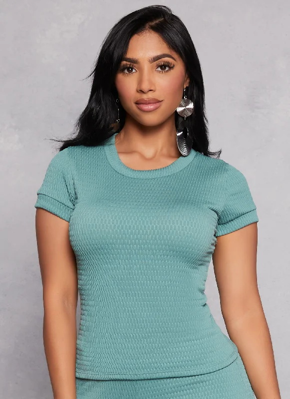 Textured Knit Crew Neck Short Sleeve Top