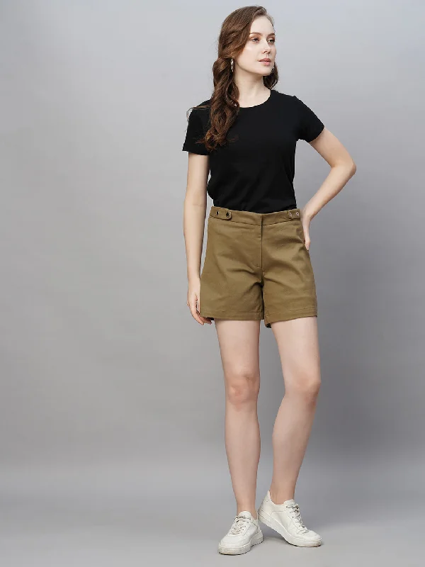 Women's Khaki Cotton Elastane Regular Fit Short