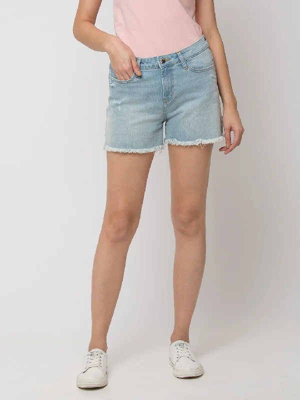 Spykar Women Ice Blue Cotton Denim Shorts