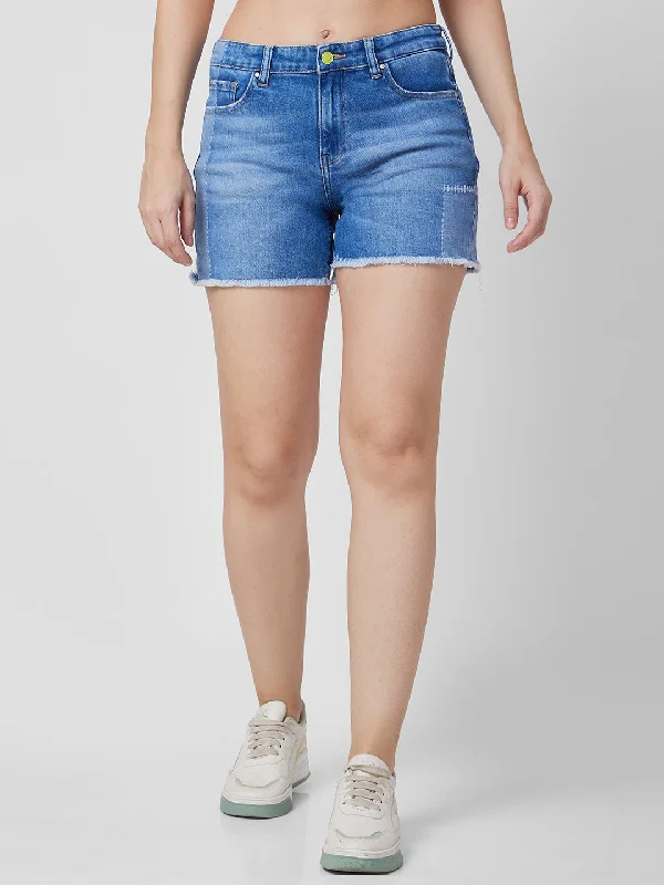 Spykar Blue Regular Fit Mid Blue Shorts For Women