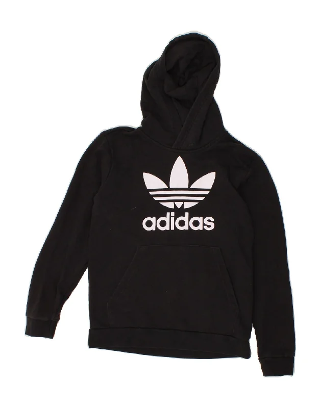 ADIDAS Boys Graphic Hoodie Jumper 10-11 Years Black Cotton