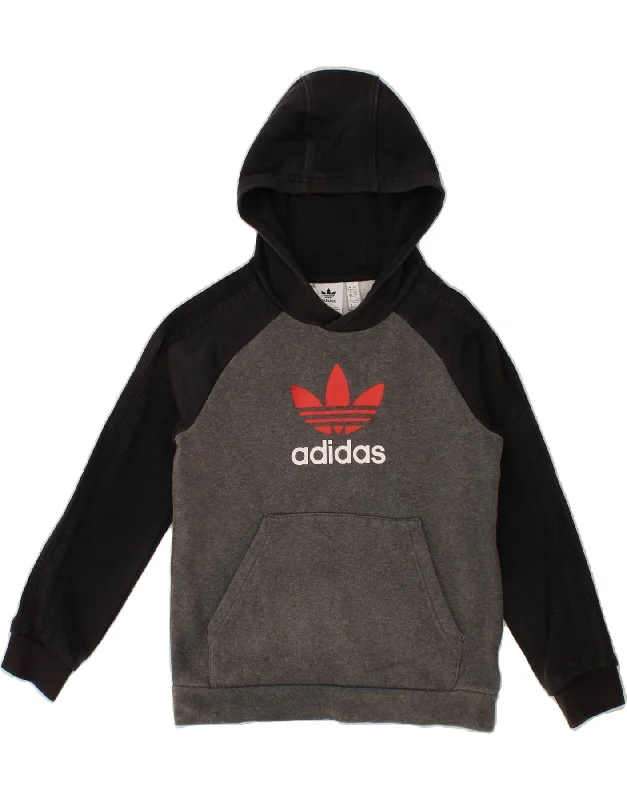 ADIDAS Boys Graphic Hoodie Jumper 9-10 Years Grey Colourblock Cotton