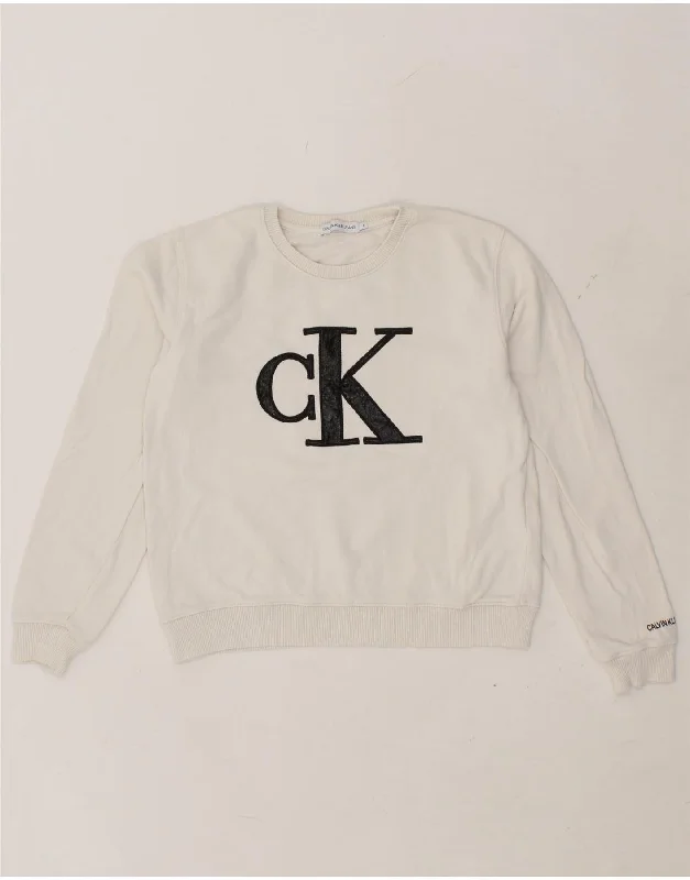 CALVIN KLEIN Girls Graphic Sweatshirt Jumper 13-14 Years Medium Off White