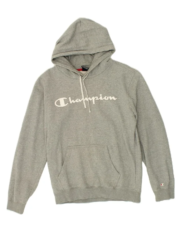 CHAMPION Mens Graphic Hoodie Jumper Medium Grey Flecked Cotton