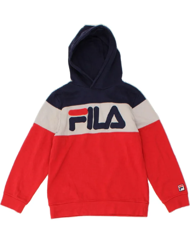 FILA Boys Graphic Hoodie Jumper 9-10 Years Medium Red Colourblock Cotton