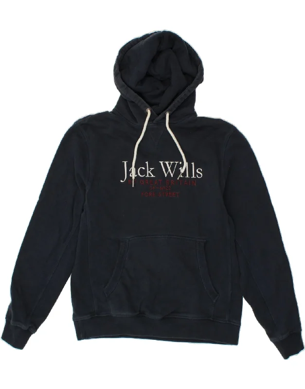 JACK WILLS Mens Graphic Hoodie Jumper Medium Navy Blue Cotton