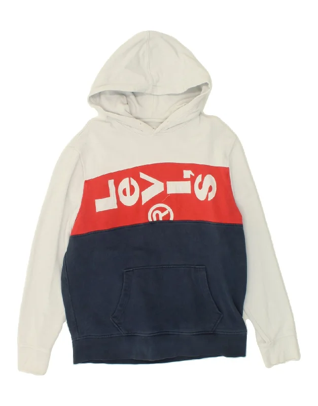 LEVI'S Mens Graphic Hoodie Jumper Large White Colourblock Cotton