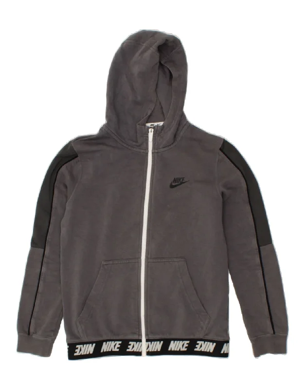 NIKE Boys Graphic Zip Hoodie Sweater 12-13 Years Large Grey Cotton