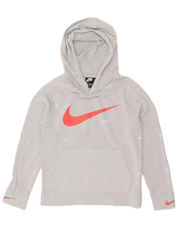 NIKE Girls Graphic Hoodie Jumper 12-13 Years Large Grey Cotton