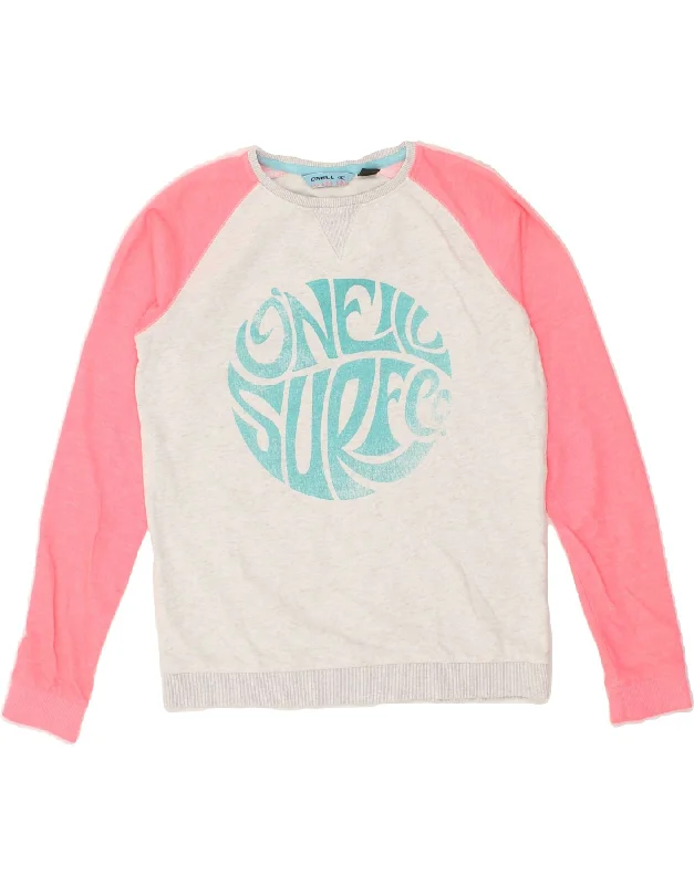 O'NEILL Girls Graphic Sweatshirt Jumper 13-14 Years Grey Colourblock