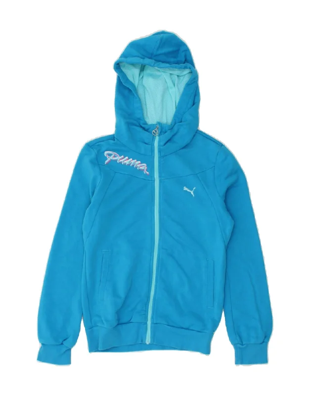 PUMA Girls Graphic Zip Hoodie Sweater 11-12 Years Blue Cotton