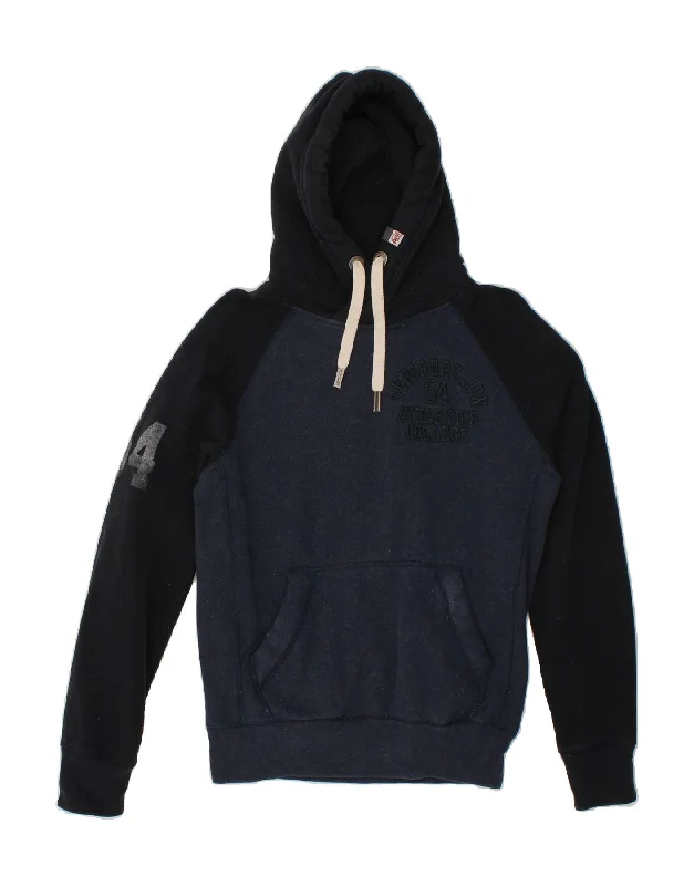 SUPERDRY Mens Graphic Hoodie Jumper Medium Navy Blue Colourblock Cotton