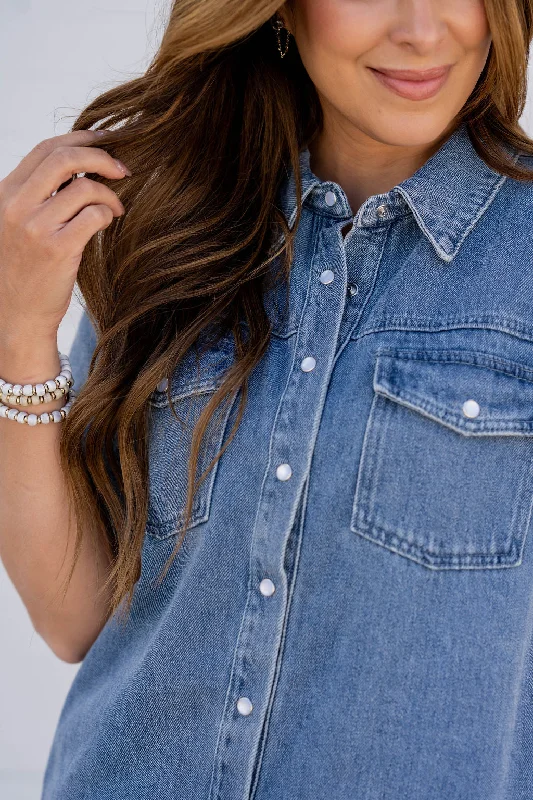 Denim Short Sleeve Button Up Dress