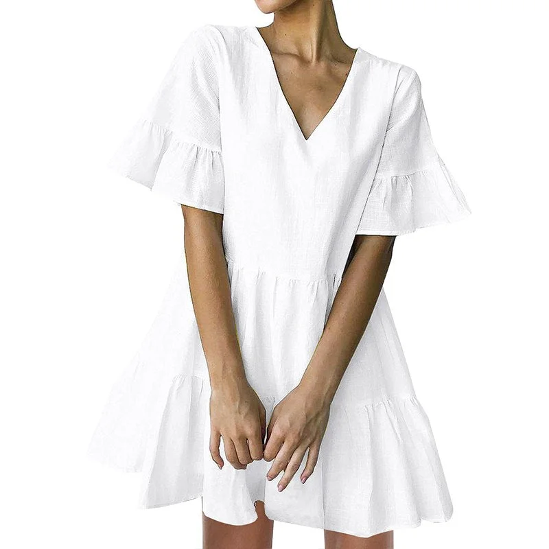 FANCYINN Women’s Cute Shift Dress with Pockets Bell Sleeve Ruffle Hem V Neck Loose Swing Tunic Mini Dress