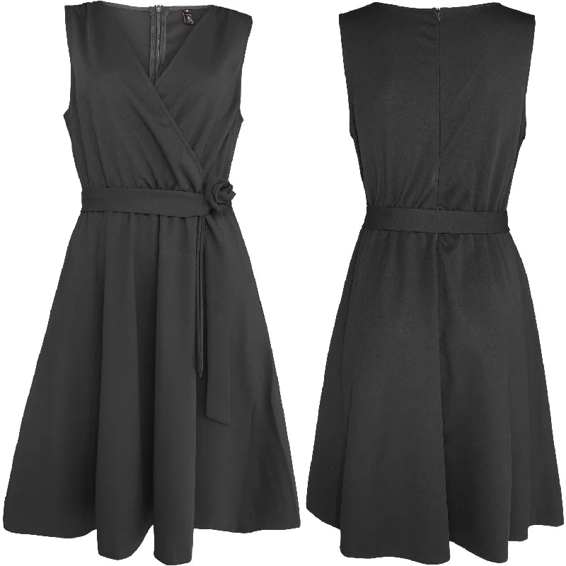 FANCYINN Womens Wrap Dress Sleeveless A-Line V-Neck Cocktail Swing Dresses with Pockets and Belt