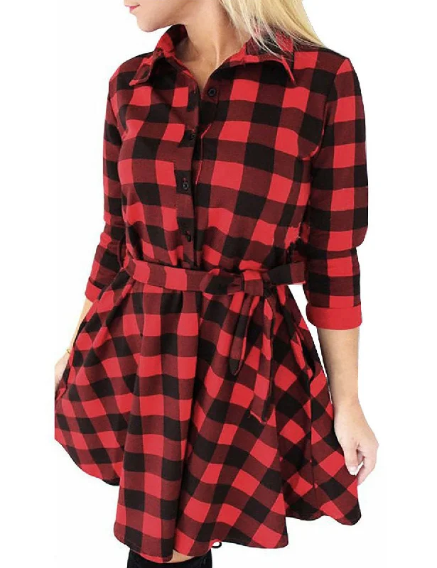 Ladies Autumn Plaid Checks Slim Long Sleeve Casual Mini Tunic Shirt Tartan Dress