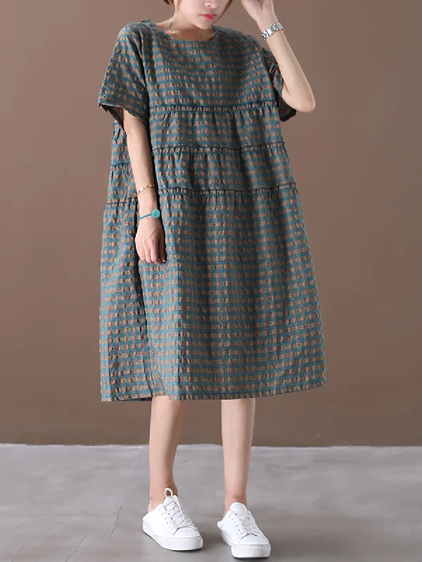 Plus Size Summer Plaid Round Neck Cotton Linen Midi Dress