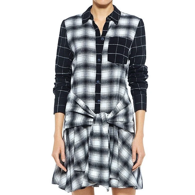 Women Classic Plaid Shirt Dress Long Sleeve Button Down Checkered Dresses Pocket