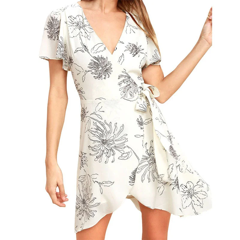 Women's Deep V Neck Short Sleeve Floral Prints Crossover Belted Midi Wrap Dress