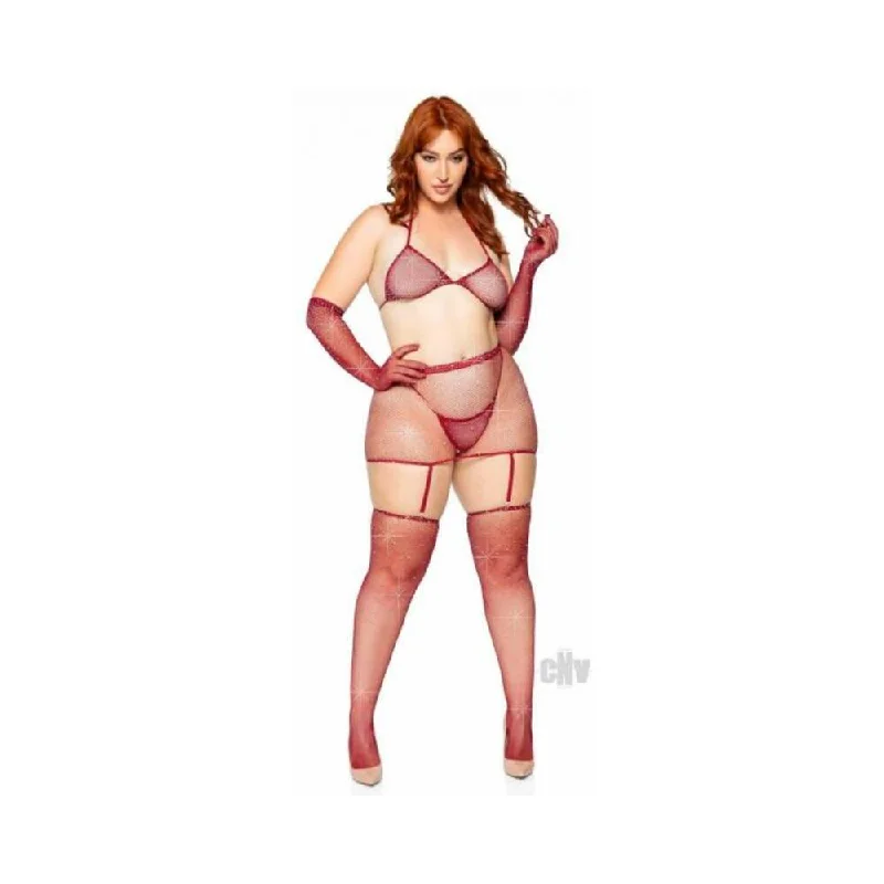 5 Pc Rhinestone Bikini Top G-String Garter Skirt,  Gloves and Stockings - Queen Size - Burgundy Front tie bikini, Sexy, Comfortable, Stylish