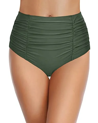 Full Coverage High Waisted Bikini Bottom For Tummy Control-Olive Green Retro style bikini, Vintage, Chic, Sexy