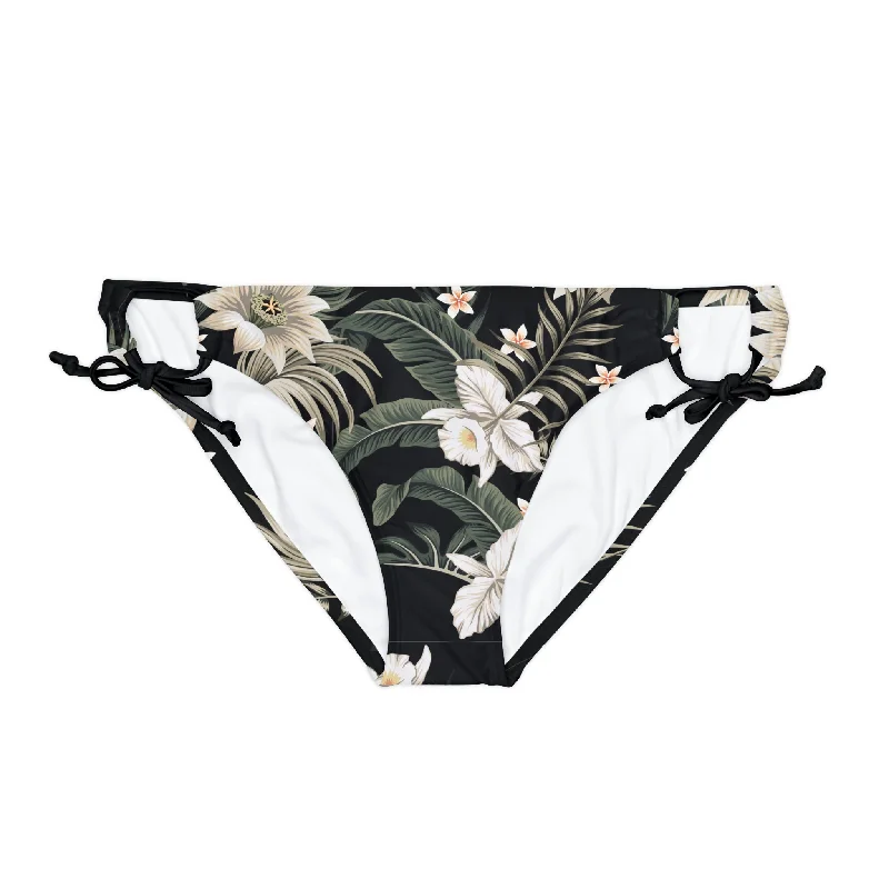 Women's Floral Side Ties String Bikini Bottom, Black Hawaiian Lily Ribbed bikini set, Comfortable, Textured, Trendy
