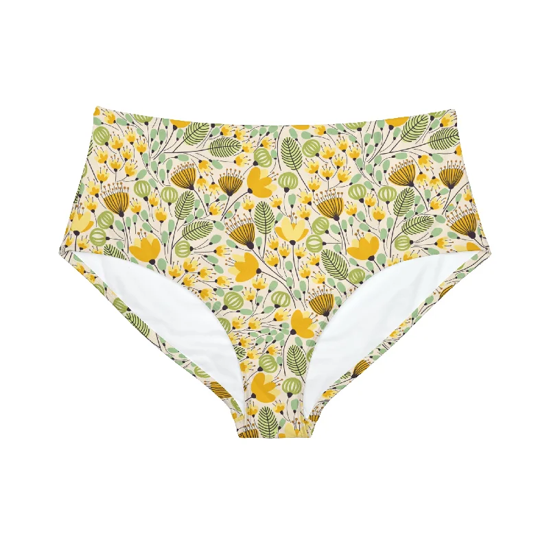 Women's High-Waist Bikini Bottoms, 60s Mod Floral Yellow Reversible bikini, Two looks, Stylish, Comfortable