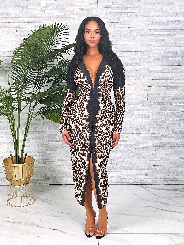 BD3747P - LEOPARD LS PLUNGING DRESS
