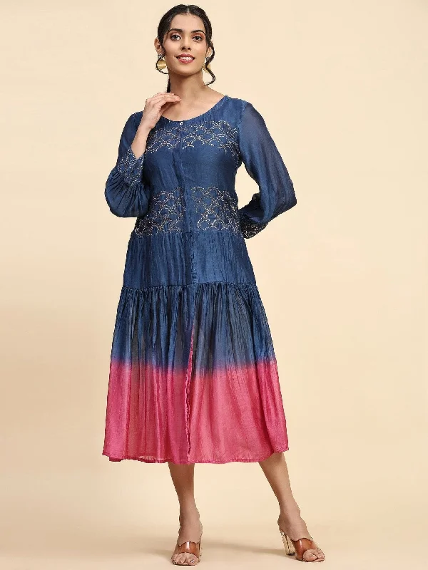 Blue & Pink Mukaish Chanderi Dress