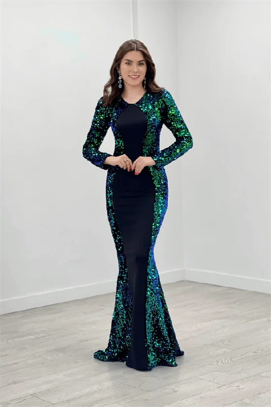 Crepe Fabric Sequin Detailed Fish Dress - Emerald Green