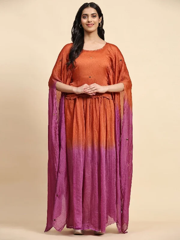 Rust Orange & Pink Mukaish Chanderi Dress