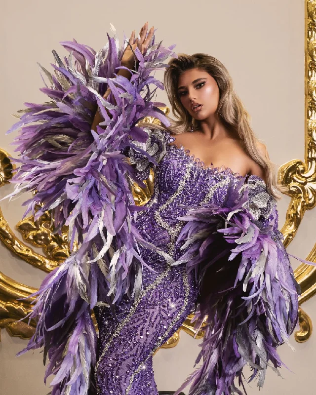 Maripossa Purple Dress with Crystals and Feathers