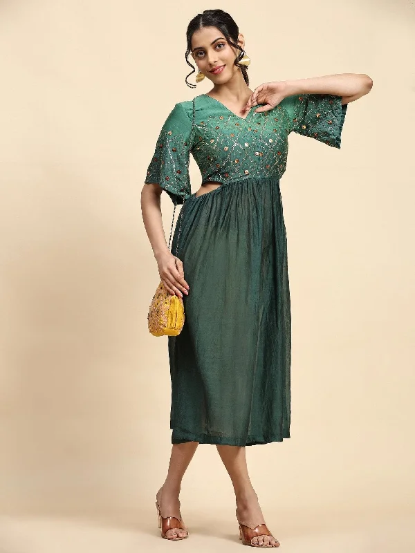 Green Mukaish Chanderi Dress