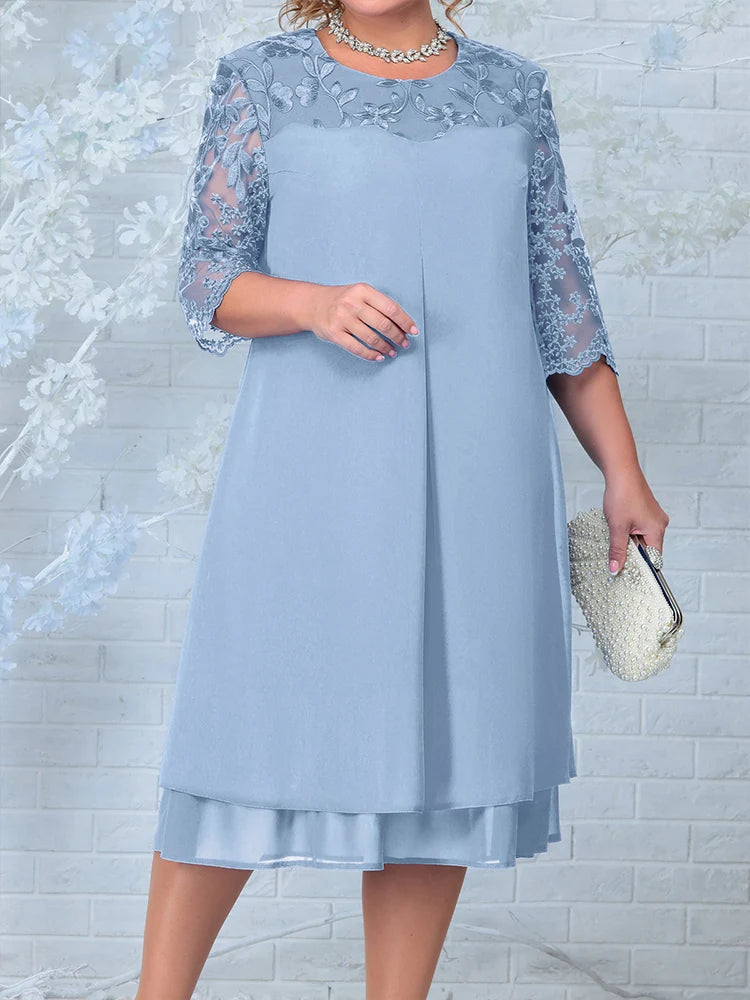O-Neck Solid Color Long-Sleeved Dress Hollow Lace Fashion Casual