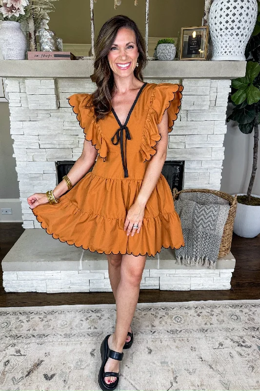 Scallop Trim V Neck Ribbon Tie Tiered Camel Dress