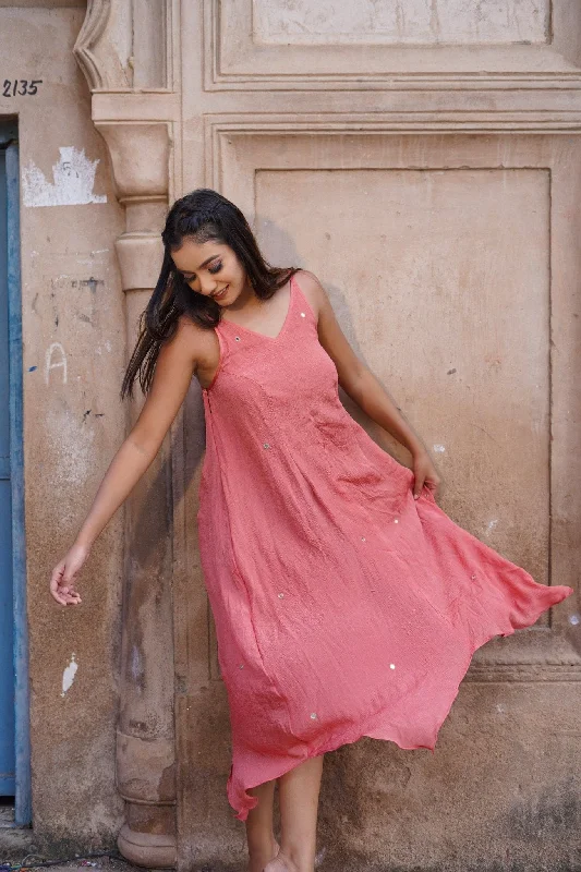 Pink Mirror Work Chinon Dress