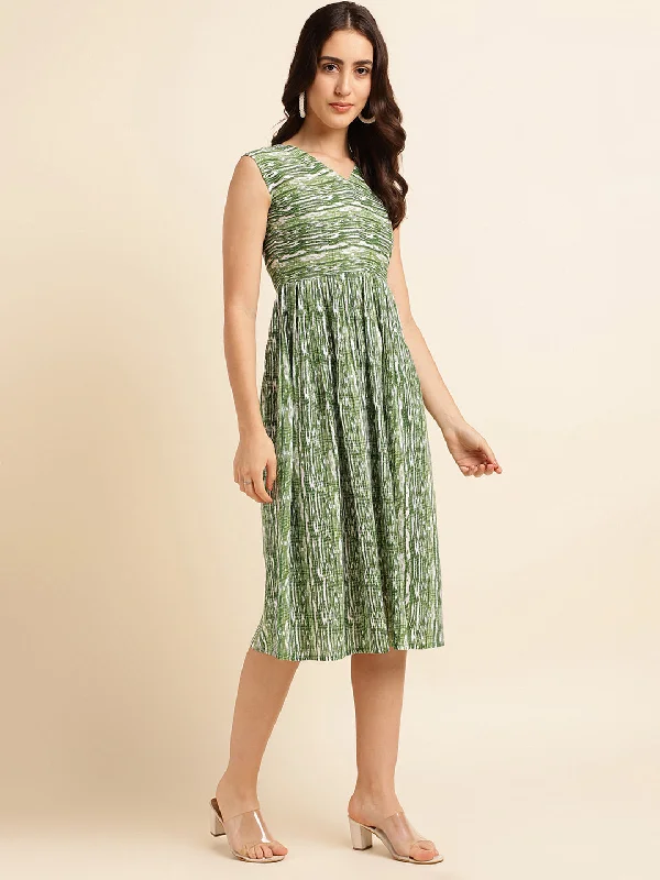 Women's Viscose Rayon Shibori Printed Fit And Flare Dress (Green) - Fabclub
