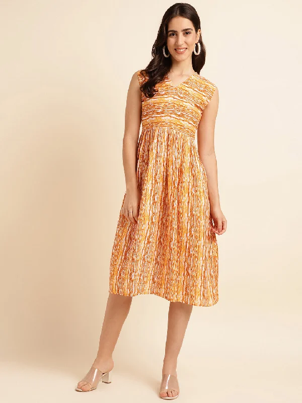Women's Viscose Rayon Shibori Printed Fit And Flare Dress (Mustard Yellow) - Fabclub