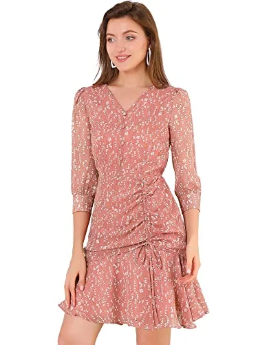 Women's 3/4 Sleeve Ruffle Hem Buttons Decor Drawstring Ruched Chiffon Dress