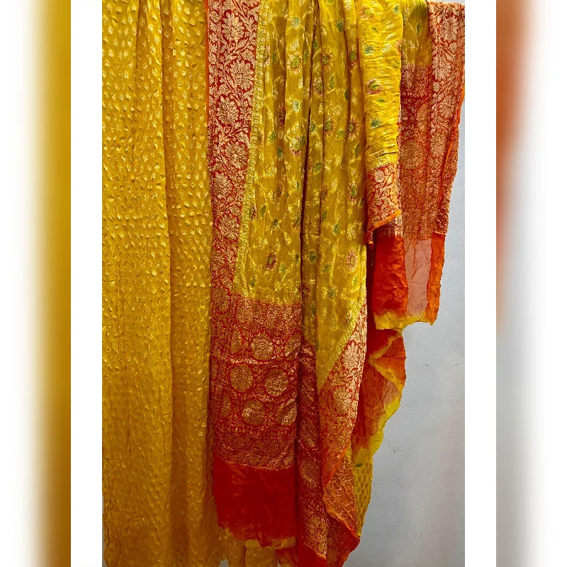 3-Piece Yellow Khaddi Georgette Banarasi Dress Material | Hand Brush Dyed