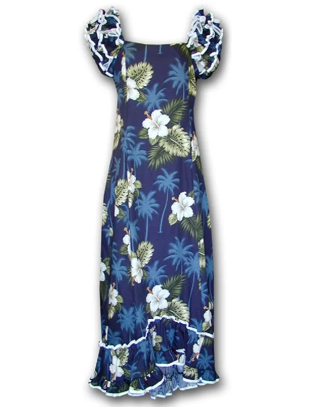Ka Pua Long Muumuu Hawaiian Dress Navy