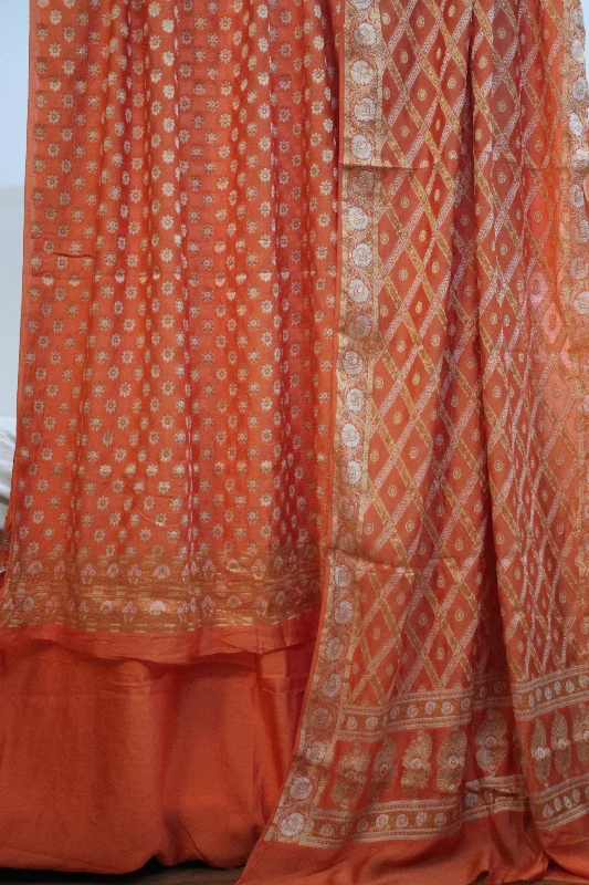 Peachish Orange Delight: Handloom 3 Pcs Cotton Silk Banarasi Dress Material