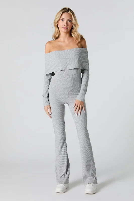 Ribbed Off Shoulder Long Sleeve Jumpsuit Boho jumpsuit, Loose fit, Comfortable, Stylish