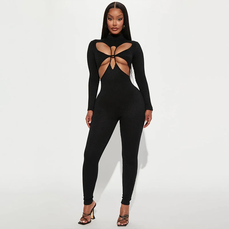 10458 Knitting Long Sleeve Hollow Out Sexy Evening One Piece Jumpsuit 2022 New Fashion Winter Wholesale American Clothing Off-shoulder jumpsuit, Sexy, Elegant, Party wear