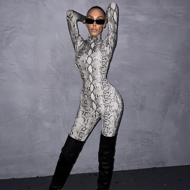 10842 Snake Print Long Sleeve Women'S Jumpsuit 2022 New Fashion Winter One Piece Wholesale Party American Clothing Floral print jumpsuit, Relaxed fit, Comfortable, Trendy