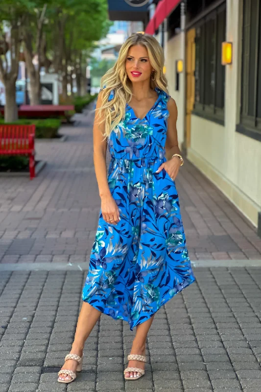 Aziza Tie Shoulder Slanted Jumpsuit : Blue Boho style jumpsuit, Comfortable, Relaxed fit, Trendy